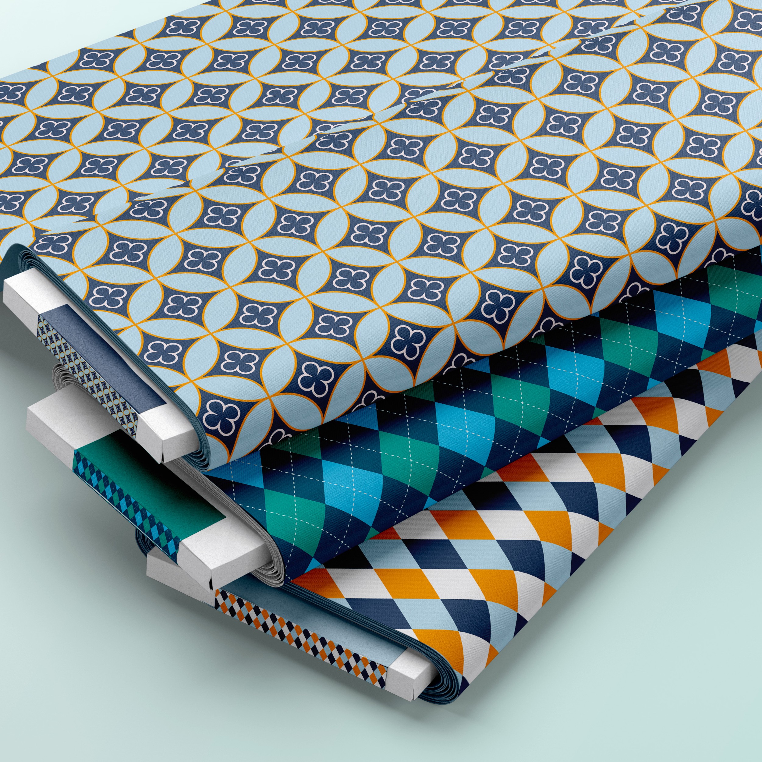 Ce motif est créé avec un dessin de feuille de fougères. La palette utilisée est le vert forêt, orangé, rouille, saumon et vert d'eau